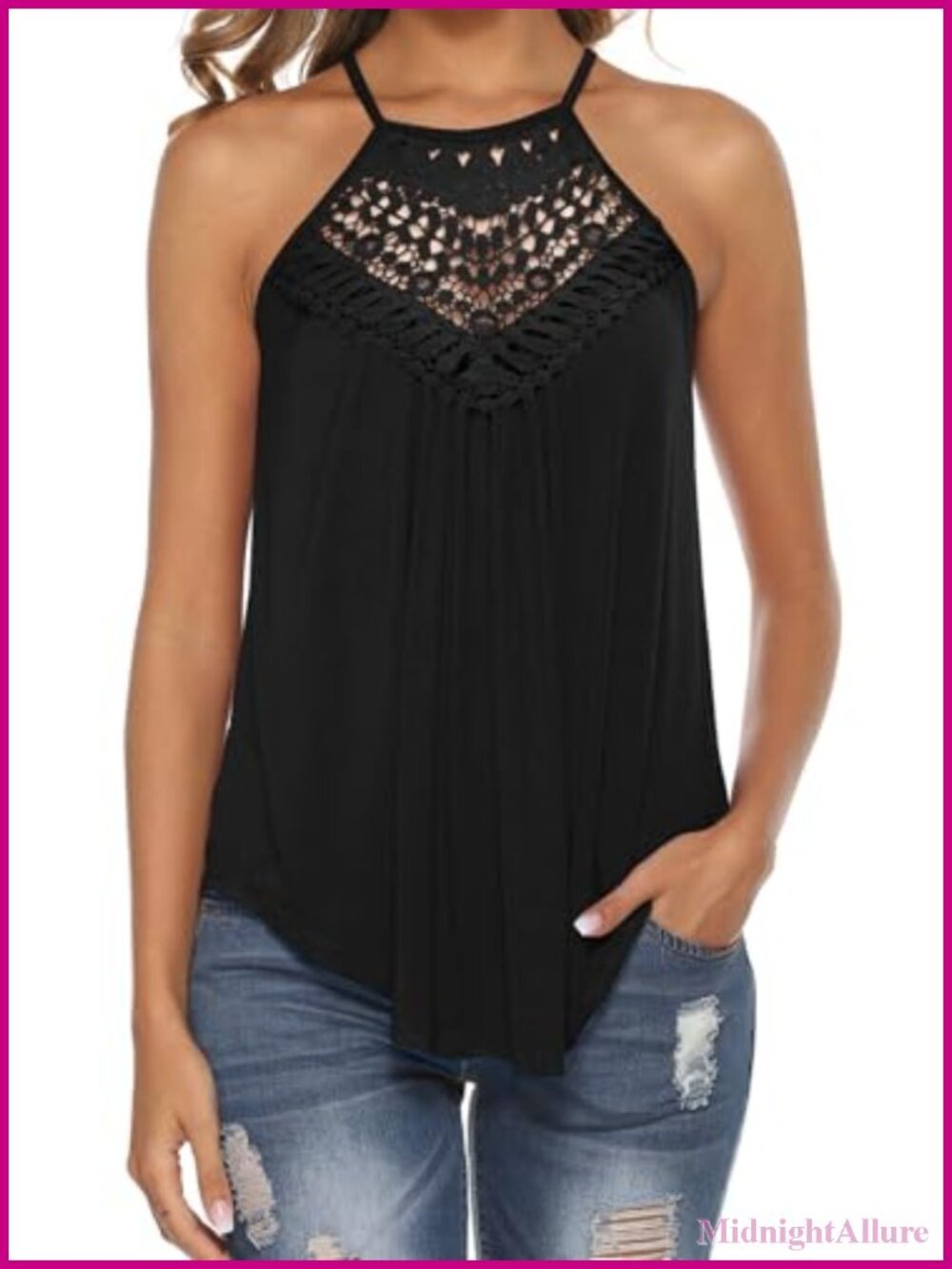 Sleeveless Halter Crochet Lace Tank Top Boho Flowy Summer Cami